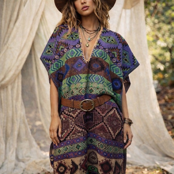 Sweaters - Southwestern Festival Boho Purple Green Open Poncho Shawl Fringe Trim One Size